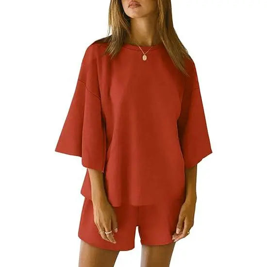 Pajama Sets 3/4 Sleeve Oversized Tops And Elastic Waist Shorts