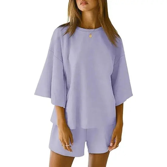 Pajama Sets 3/4 Sleeve Oversized Tops And Elastic Waist Shorts