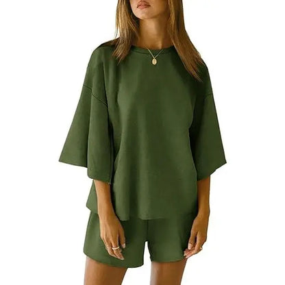 Pajama Sets 3/4 Sleeve Oversized Tops And Elastic Waist Shorts