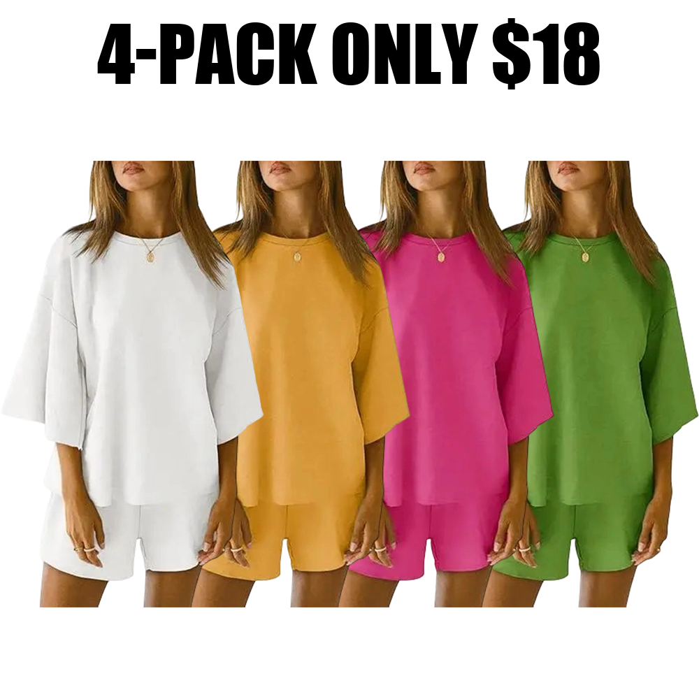 Pajama Sets 3/4 Sleeve Oversized Tops And Elastic Waist Shorts